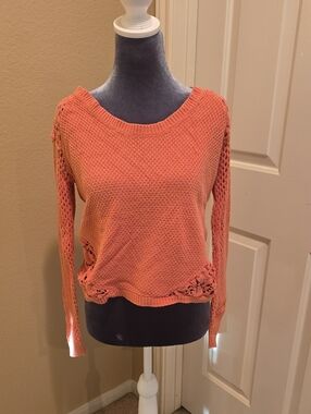 Daytrip Coral Open-Knit Crochet Hem Sweater